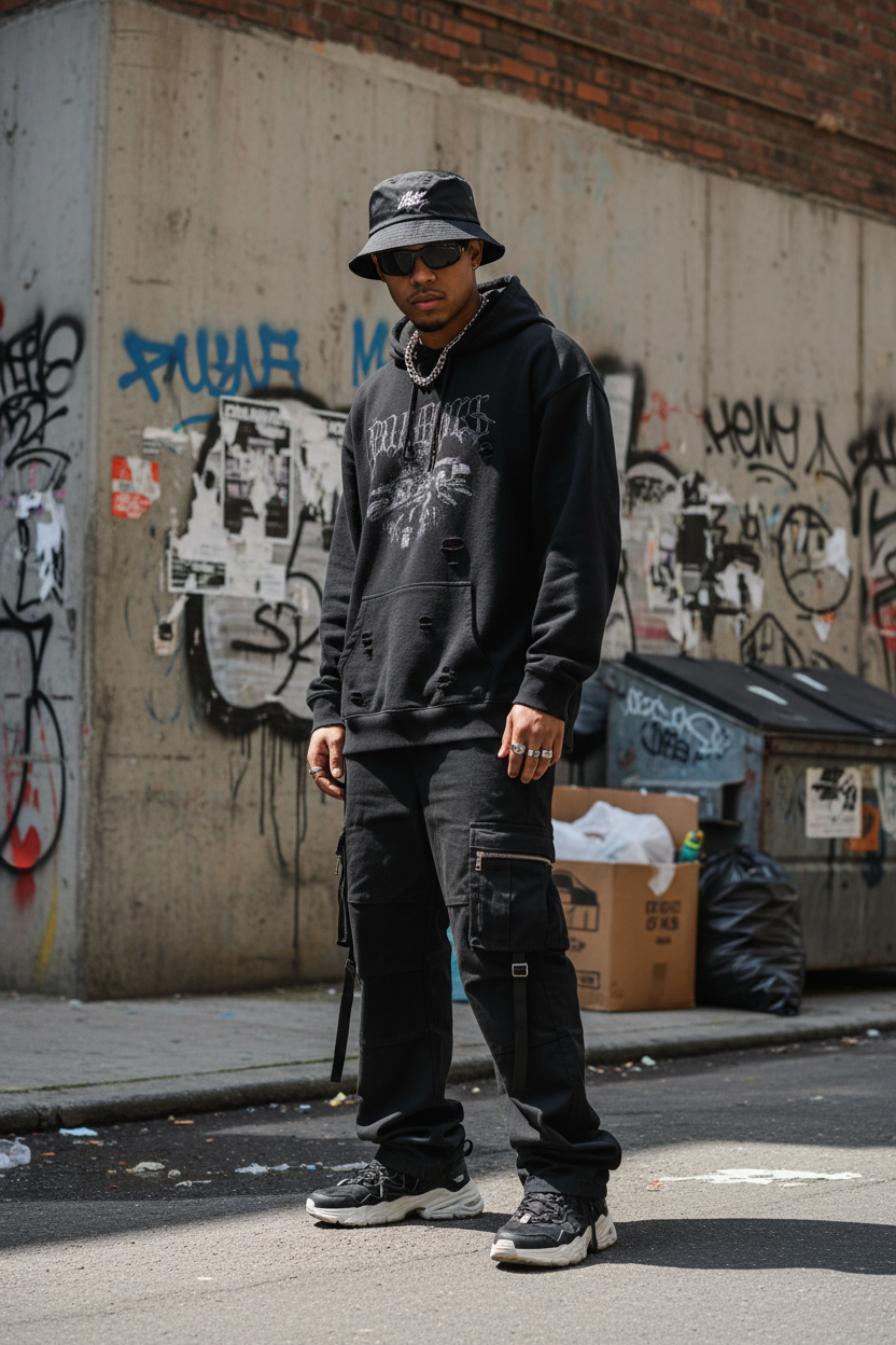 Person wearing bucket hat in urban street setting