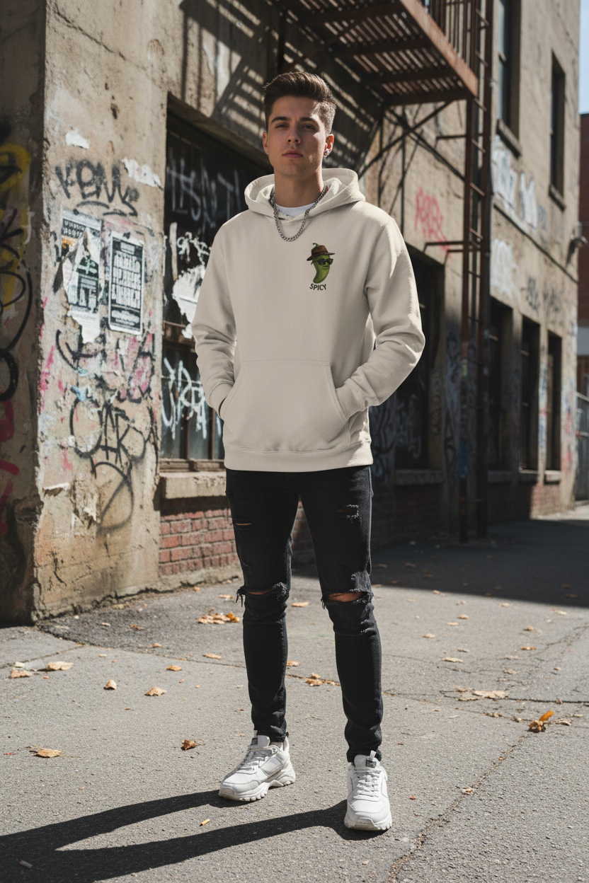 Person wearing Spicy Hood in urban street setting