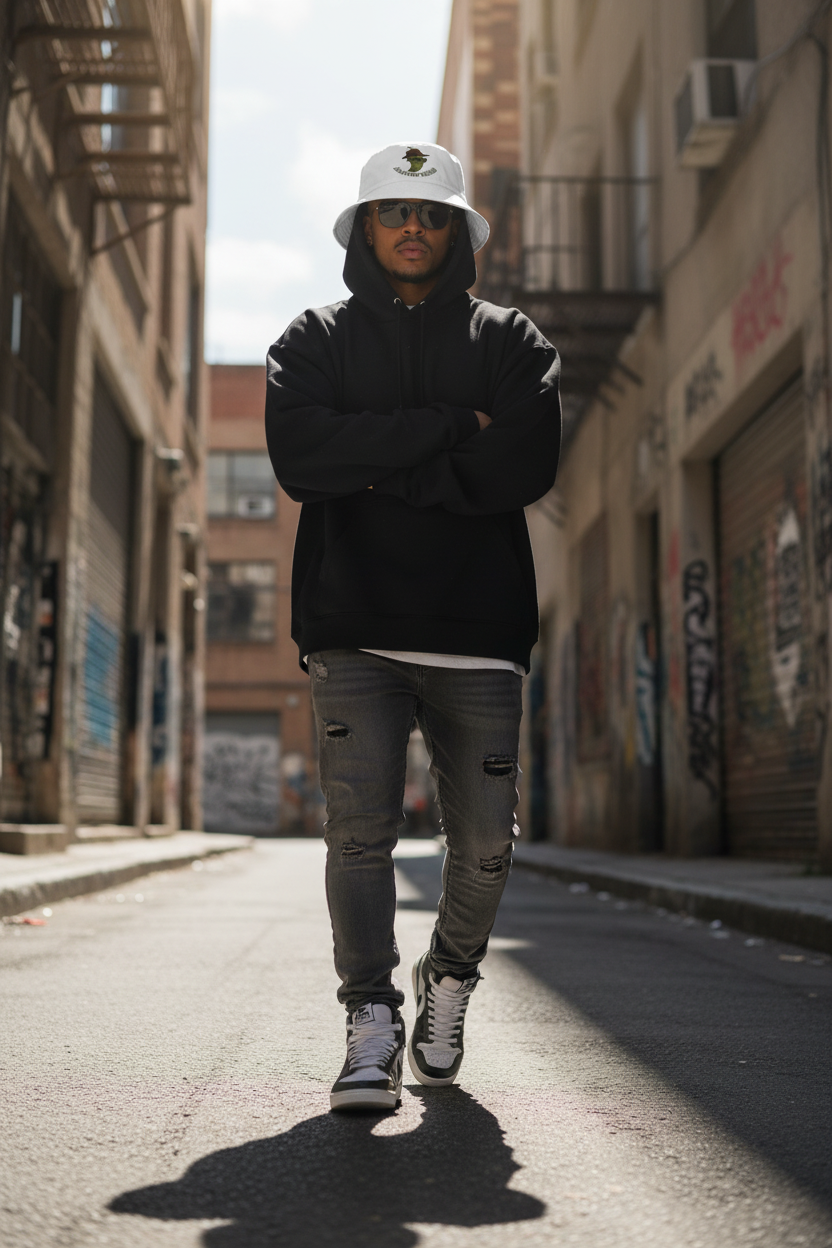Person wearing bucket hat in urban street setting