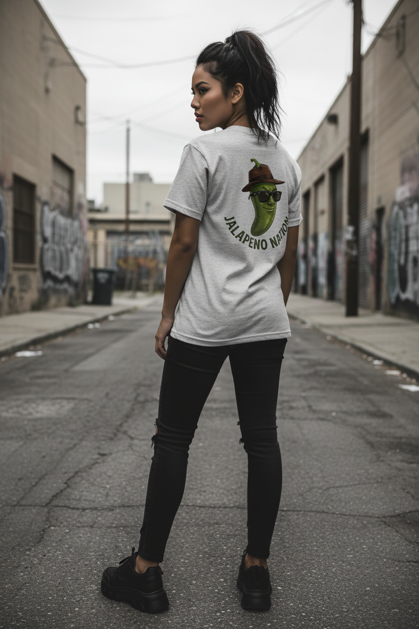 Female model wearing Spicy Tee showing back view in urban street setting