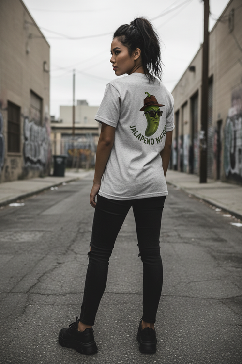Female model wearing Spicy Tee showing back view in urban street setting