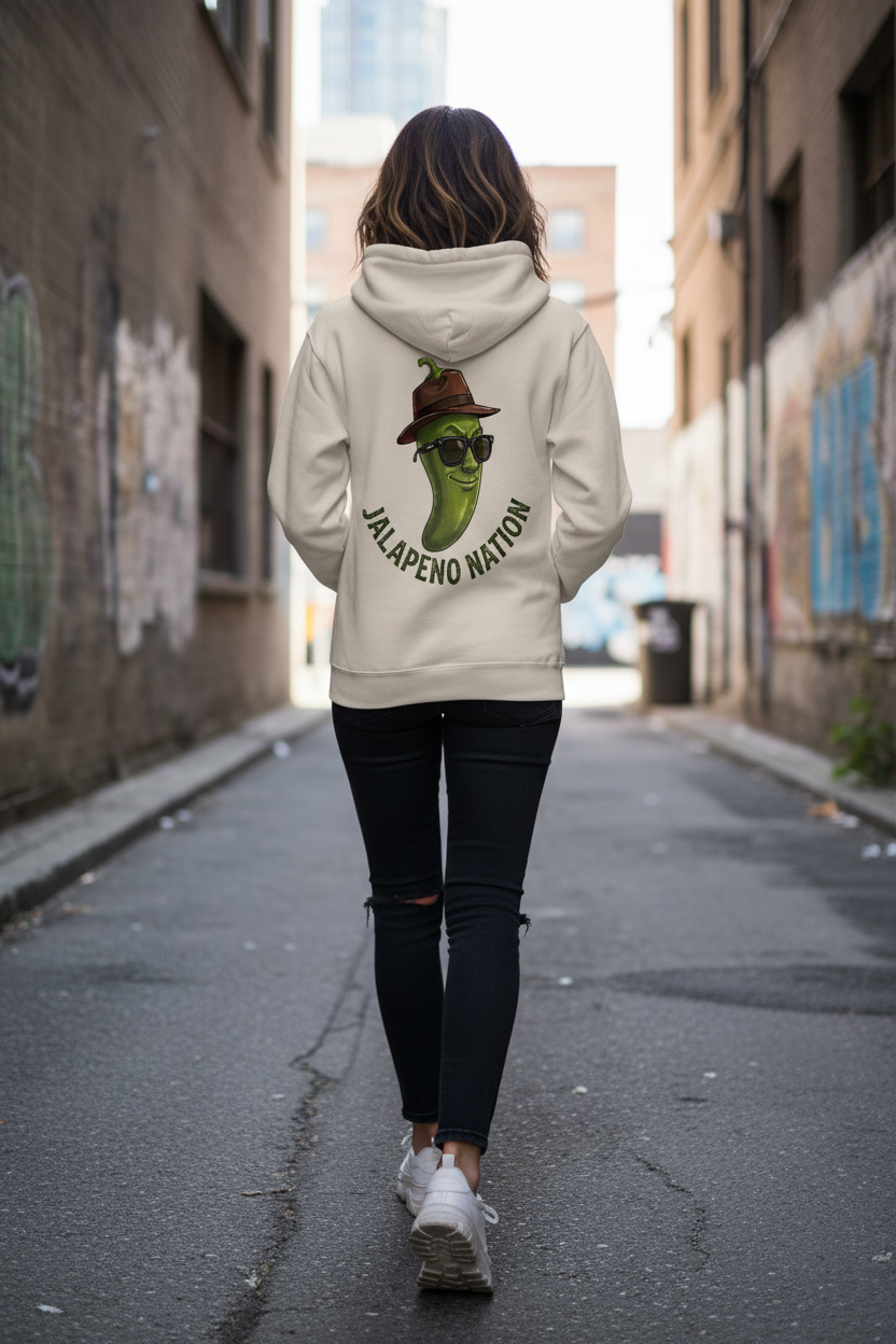 Female model wearing Spicy Hood showing back view in urban street setting